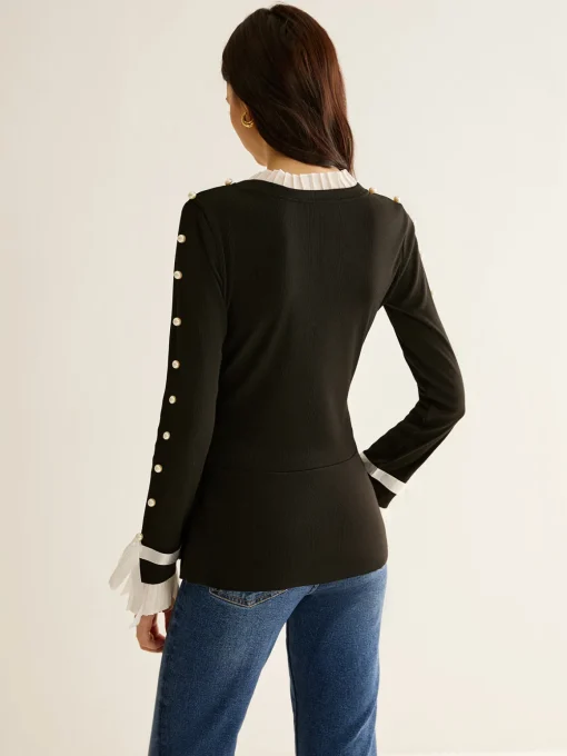 COMMENSE Blouses & Shirts|Tops^Pearl Decor Panel Pleated Blouse Black