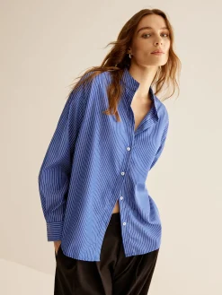 COMMENSE Blouses & Shirts|Tops^Pinstripe Breasted Loose Shirt Blue