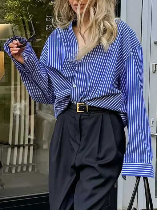 COMMENSE Blouses & Shirts|Tops^Pinstripe Breasted Loose Shirt Blue