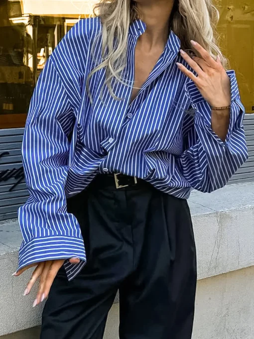 COMMENSE Blouses & Shirts|Tops^Pinstripe Breasted Loose Shirt Blue