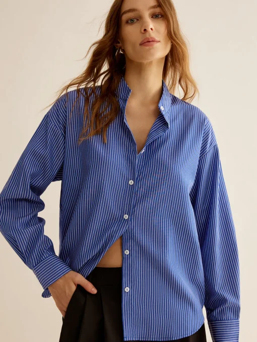 COMMENSE Blouses & Shirts|Tops^Pinstripe Breasted Loose Shirt Blue
