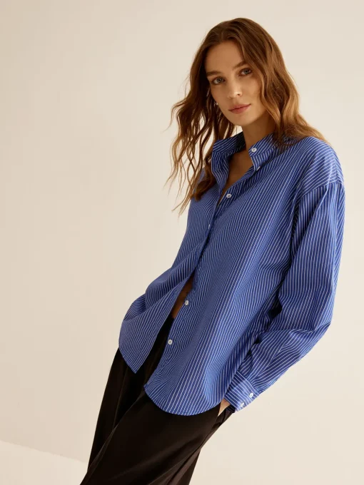 COMMENSE Blouses & Shirts|Tops^Pinstripe Breasted Loose Shirt Blue