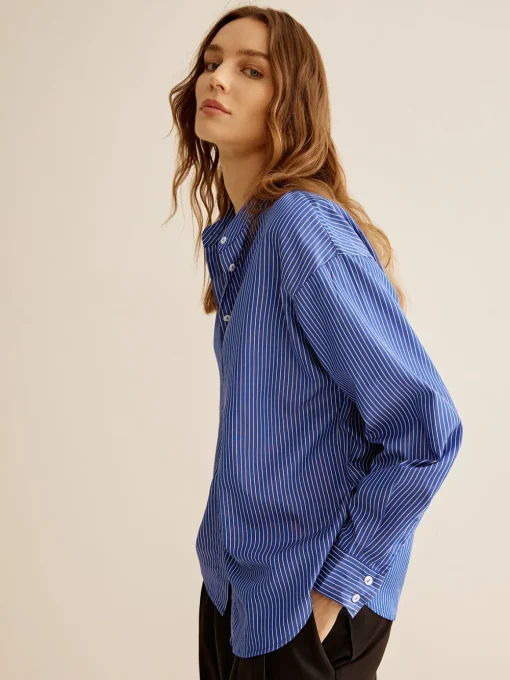 COMMENSE Blouses & Shirts|Tops^Pinstripe Breasted Loose Shirt Blue
