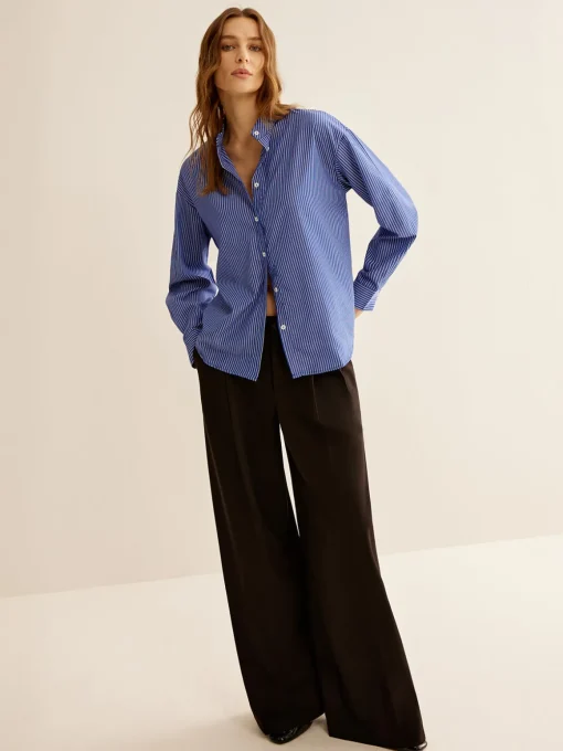 COMMENSE Blouses & Shirts|Tops^Pinstripe Breasted Loose Shirt Blue