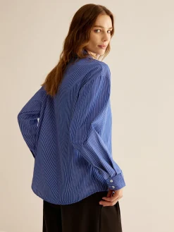 COMMENSE Blouses & Shirts|Tops^Pinstripe Breasted Loose Shirt Blue