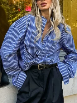 COMMENSE Blouses & Shirts|Tops^Pinstripe Breasted Loose Shirt Blue