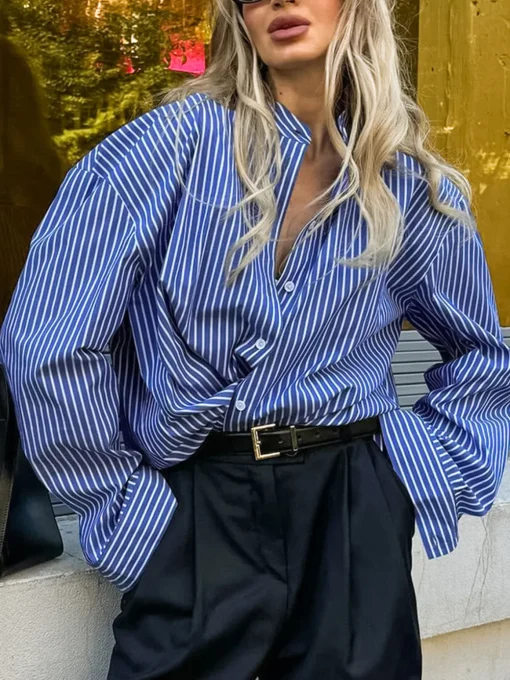 COMMENSE Blouses & Shirts|Tops^Pinstripe Breasted Loose Shirt Blue