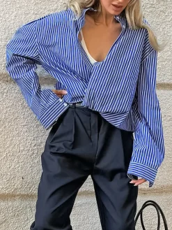 COMMENSE Blouses & Shirts|Tops^Pinstripe Breasted Loose Shirt Blue