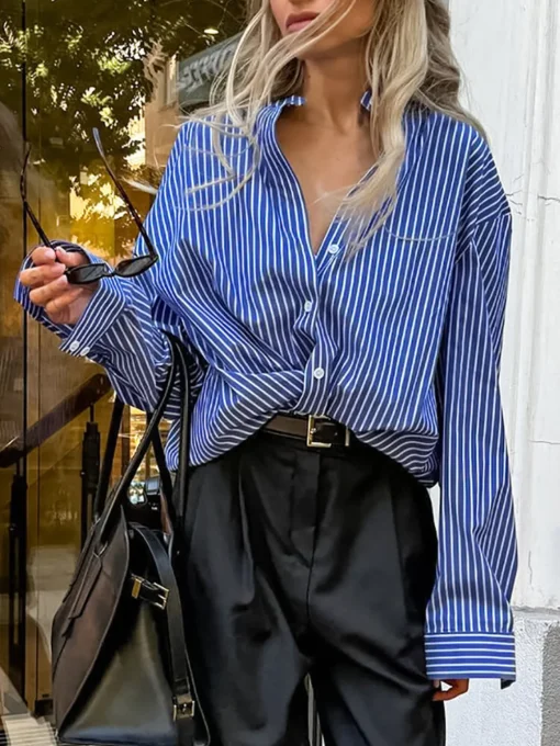 COMMENSE Blouses & Shirts|Tops^Pinstripe Breasted Loose Shirt Blue
