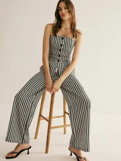 COMMENSE Pants Sets|Matching Sets^Pinstripe Button Strapless Pants Set BlackandWhite