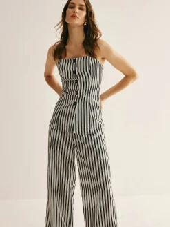 COMMENSE Pants Sets|Matching Sets^Pinstripe Button Strapless Pants Set BlackandWhite