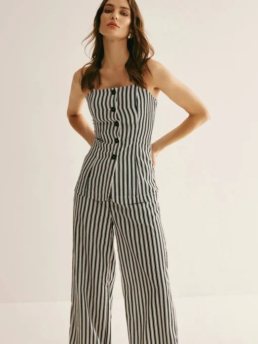 COMMENSE Pants Sets|Matching Sets^Pinstripe Button Strapless Pants Set BlackandWhite
