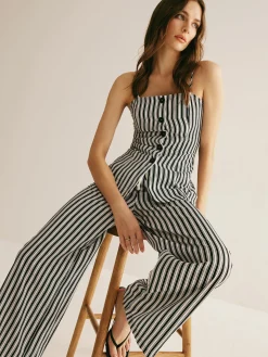 COMMENSE Pants Sets|Matching Sets^Pinstripe Button Strapless Pants Set BlackandWhite