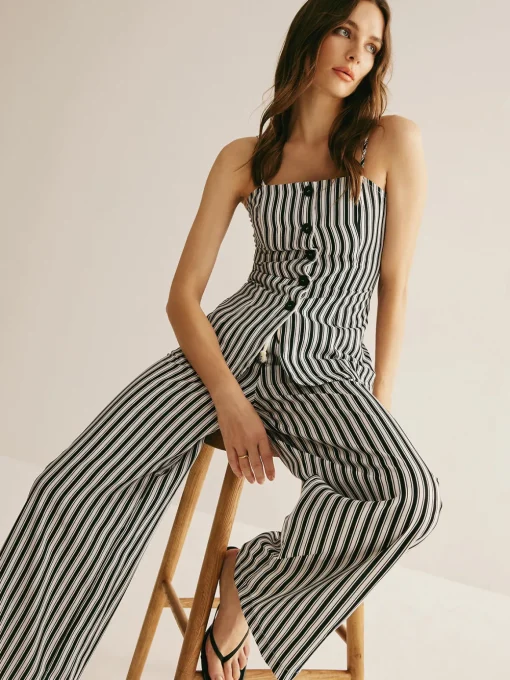 COMMENSE Pants Sets|Matching Sets^Pinstripe Button Strapless Pants Set BlackandWhite
