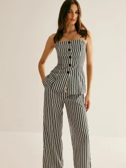 COMMENSE Pants Sets|Matching Sets^Pinstripe Button Strapless Pants Set BlackandWhite
