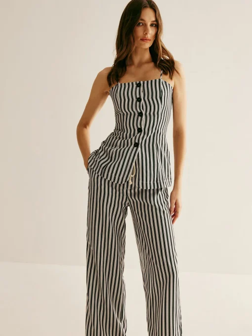 COMMENSE Pants Sets|Matching Sets^Pinstripe Button Strapless Pants Set BlackandWhite