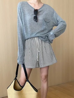 COMMENSE Shorts|Bottoms^Pinstripe Drawstring Versatile Shorts Apricot