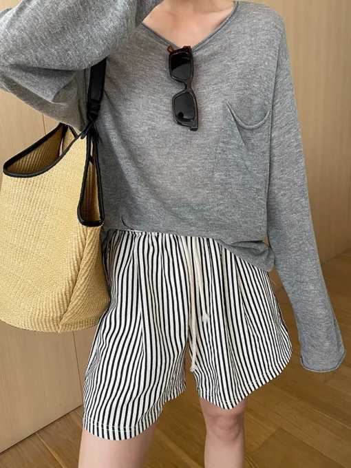 COMMENSE Shorts|Bottoms^Pinstripe Drawstring Versatile Shorts Apricot