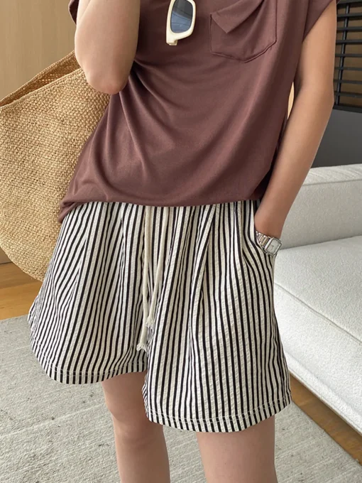 COMMENSE Shorts|Bottoms^Pinstripe Drawstring Versatile Shorts Apricot
