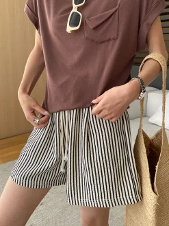 COMMENSE Shorts|Bottoms^Pinstripe Drawstring Versatile Shorts Apricot