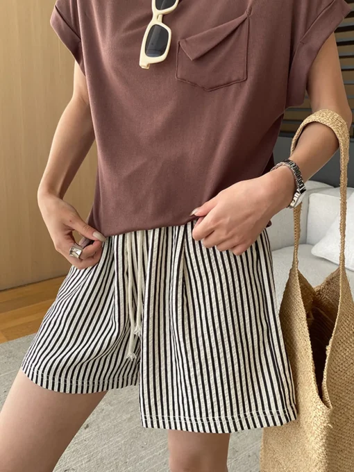 COMMENSE Shorts|Bottoms^Pinstripe Drawstring Versatile Shorts Apricot