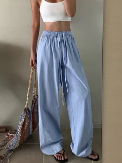 COMMENSE Pants|Bottoms^Pinstripe Drawstring Wide-Leg Pants Blue