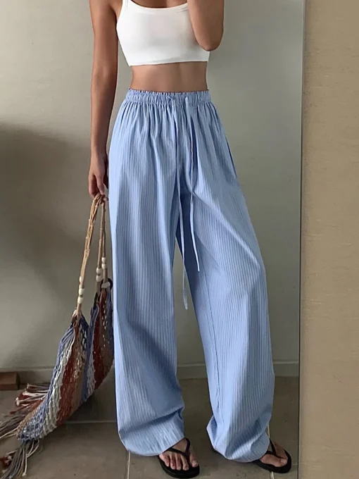 COMMENSE Pants|Bottoms^Pinstripe Drawstring Wide-Leg Pants Blue