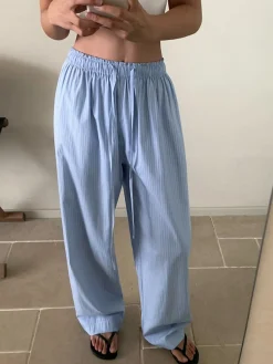 COMMENSE Pants|Bottoms^Pinstripe Drawstring Wide-Leg Pants Blue