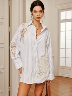 COMMENSE Long Sleeve Sets|Blouses & Shirts^Pinstripe Lace Patchwork Lapel Shirt White