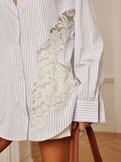 COMMENSE Long Sleeve Sets|Blouses & Shirts^Pinstripe Lace Patchwork Lapel Shirt White