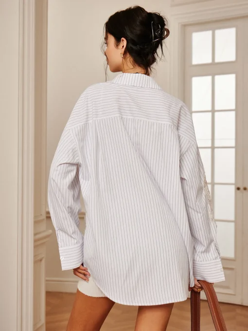 COMMENSE Long Sleeve Sets|Blouses & Shirts^Pinstripe Lace Patchwork Lapel Shirt White