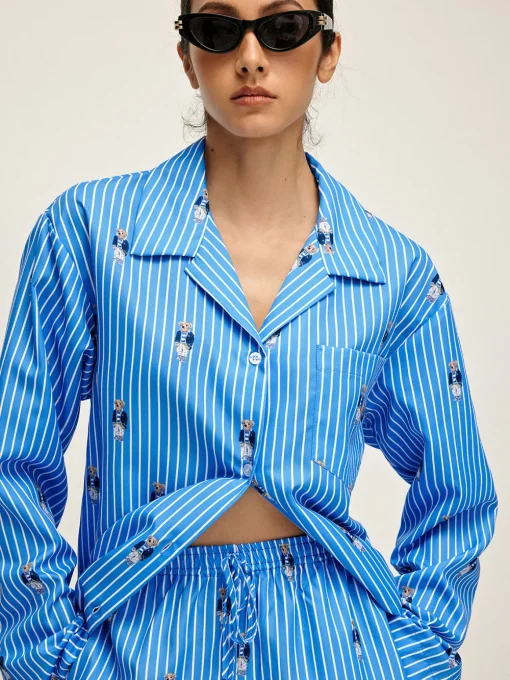 COMMENSE Pants Sets|Matching Sets^Pinstripe Lapel Printed Pants Set Blue