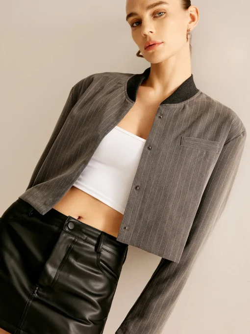 COMMENSE Outerwear|Jackets^Pinstripe Pocket Short Jacket Grey
