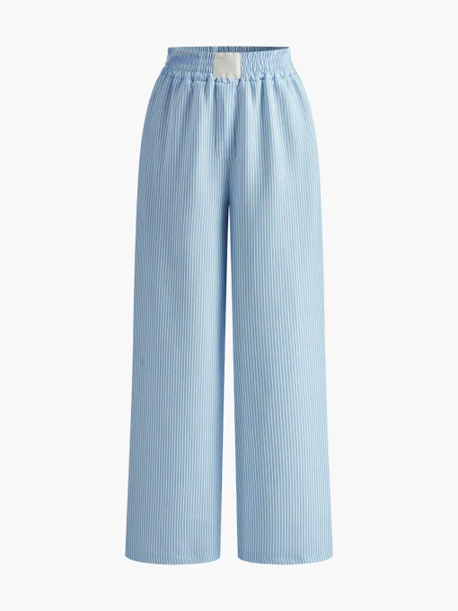 COMMENSE Bottoms^Pinstripe Wide-Leg Long Pants Blue