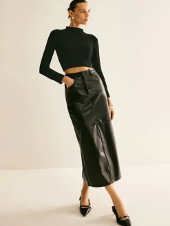 COMMENSE Skirts|Bottoms^Piping PU Leather A-Line Skirt Black