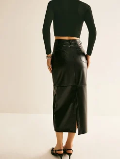 COMMENSE Skirts|Bottoms^Piping PU Leather A-Line Skirt Black