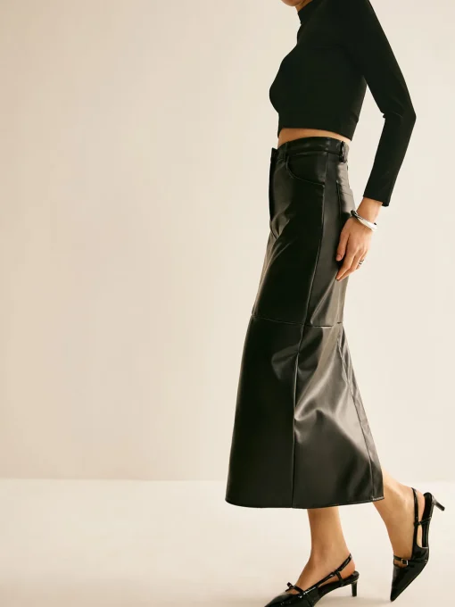 COMMENSE Skirts|Bottoms^Piping PU Leather A-Line Skirt Black