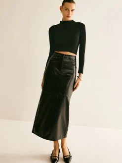 COMMENSE Skirts|Bottoms^Piping PU Leather A-Line Skirt Black