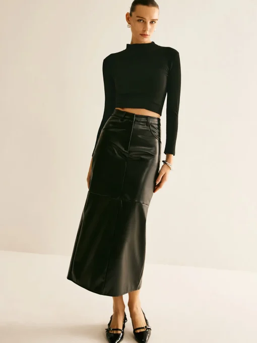 COMMENSE Skirts|Bottoms^Piping PU Leather A-Line Skirt Black