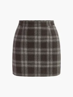 COMMENSE Skirts|Bottoms^Plaid Tweed Mini Skirt Khaki