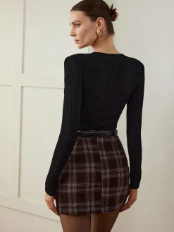 COMMENSE Skirts|Bottoms^Plaid Tweed Mini Skirt Khaki