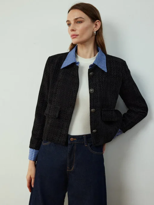 COMMENSE Outerwear|Jackets^Plaid-Collar Short Jacket Navy