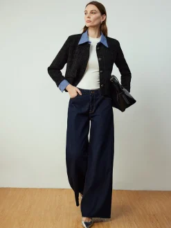 COMMENSE Outerwear|Jackets^Plaid-Collar Short Jacket Navy