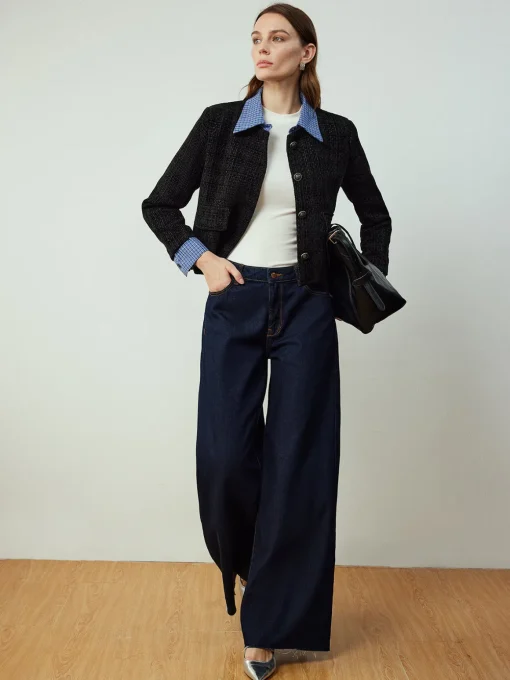 COMMENSE Outerwear|Jackets^Plaid-Collar Short Jacket Navy