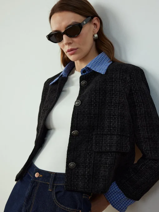 COMMENSE Outerwear|Jackets^Plaid-Collar Short Jacket Navy