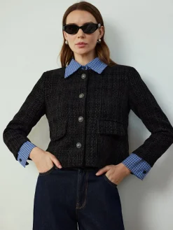 COMMENSE Outerwear|Jackets^Plaid-Collar Short Jacket Navy