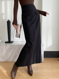 COMMENSE Skirts|Bottoms^Plain A-Line Maxi Skirt Black