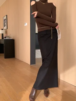 COMMENSE Skirts|Bottoms^Plain A-Line Maxi Skirt Black