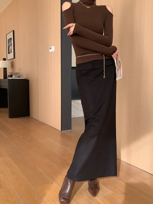 COMMENSE Skirts|Bottoms^Plain A-Line Maxi Skirt Black