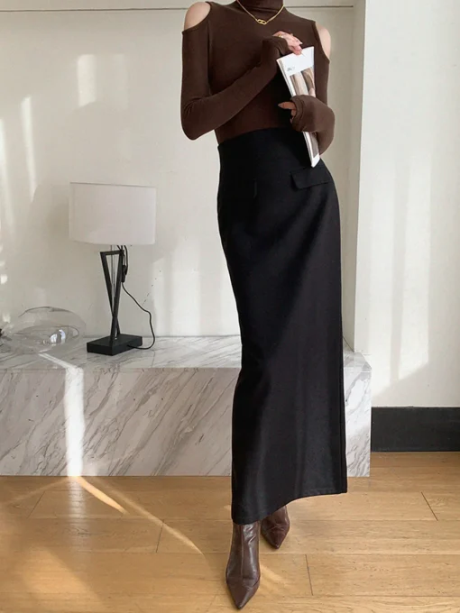 COMMENSE Skirts|Bottoms^Plain A-Line Maxi Skirt Black